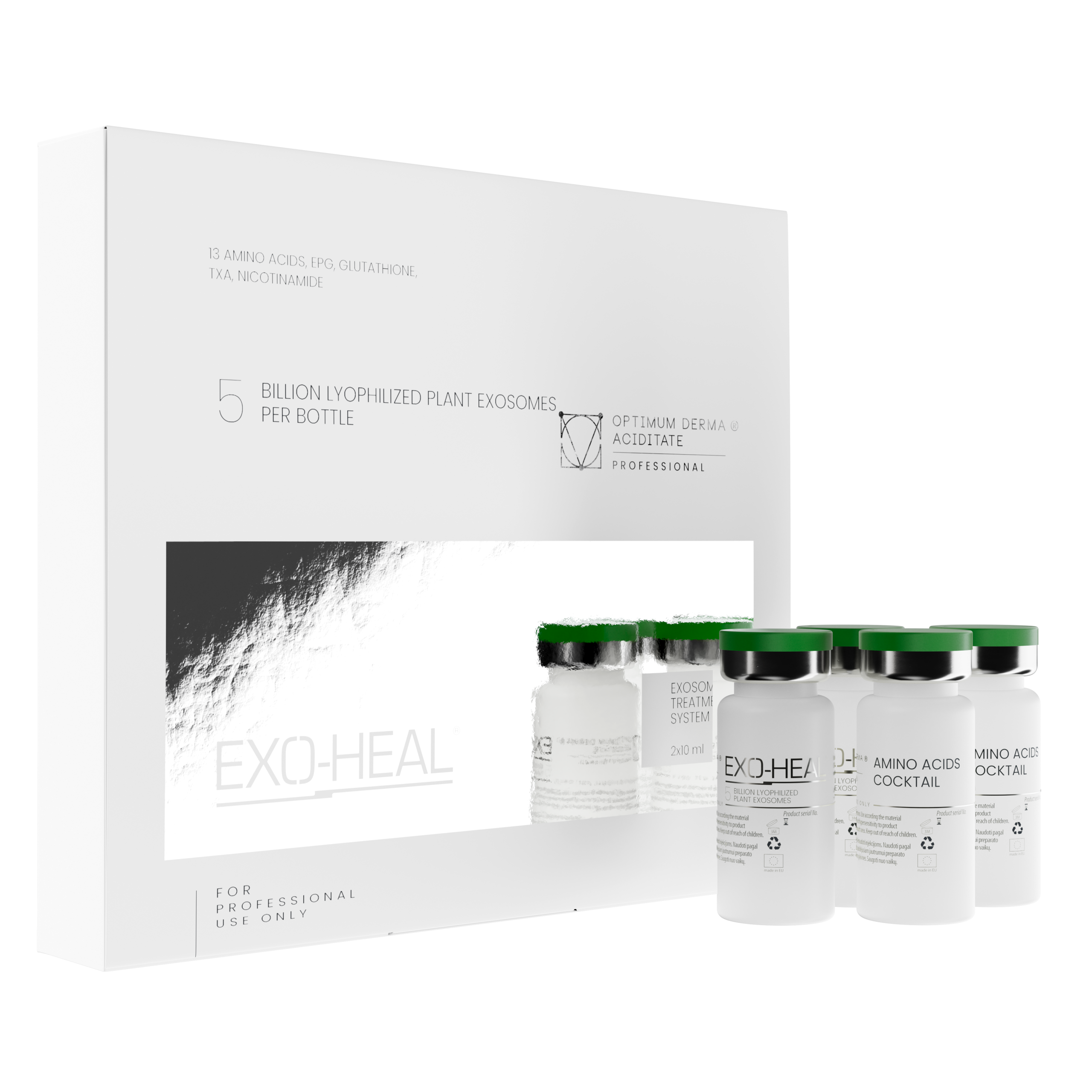 EXO-HEAL® liofilizuotų augalų egzosomų ir aminorūgščių procedūrų sistema 2x0,22g, 2x10ml